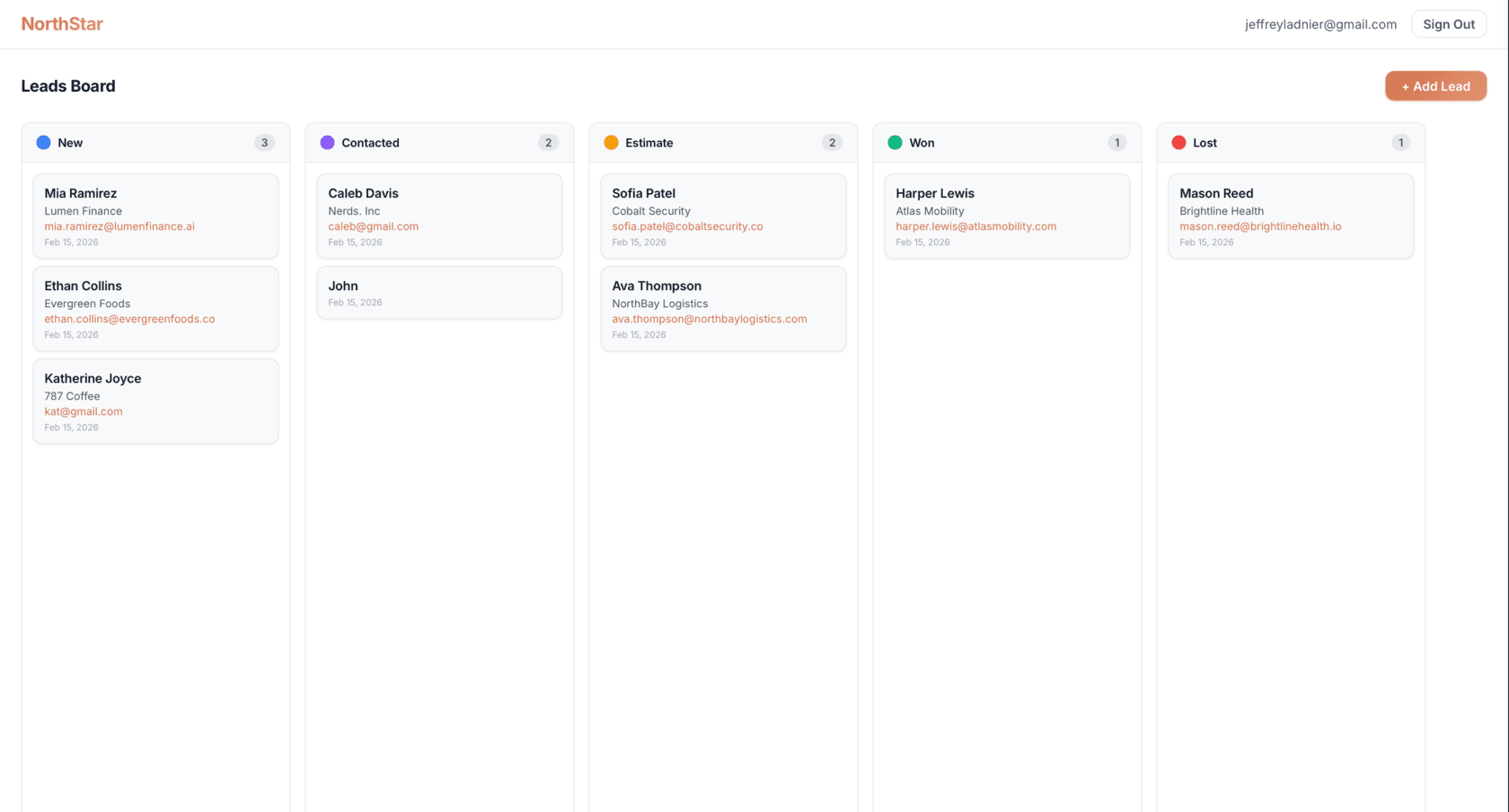 NorthStar CRM dashboard showing Kanban-style leads board